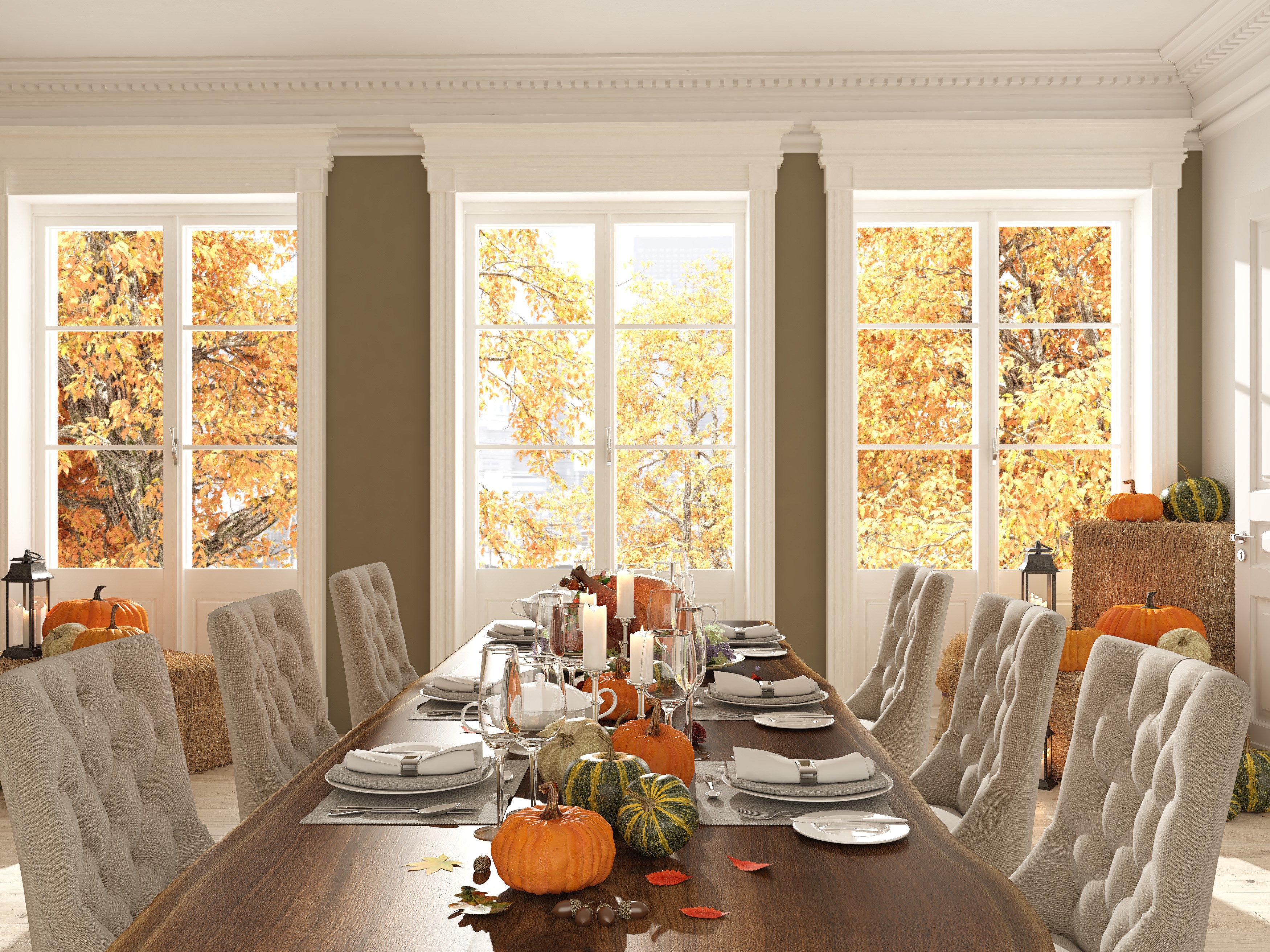 Dining room table decorated with fall decor